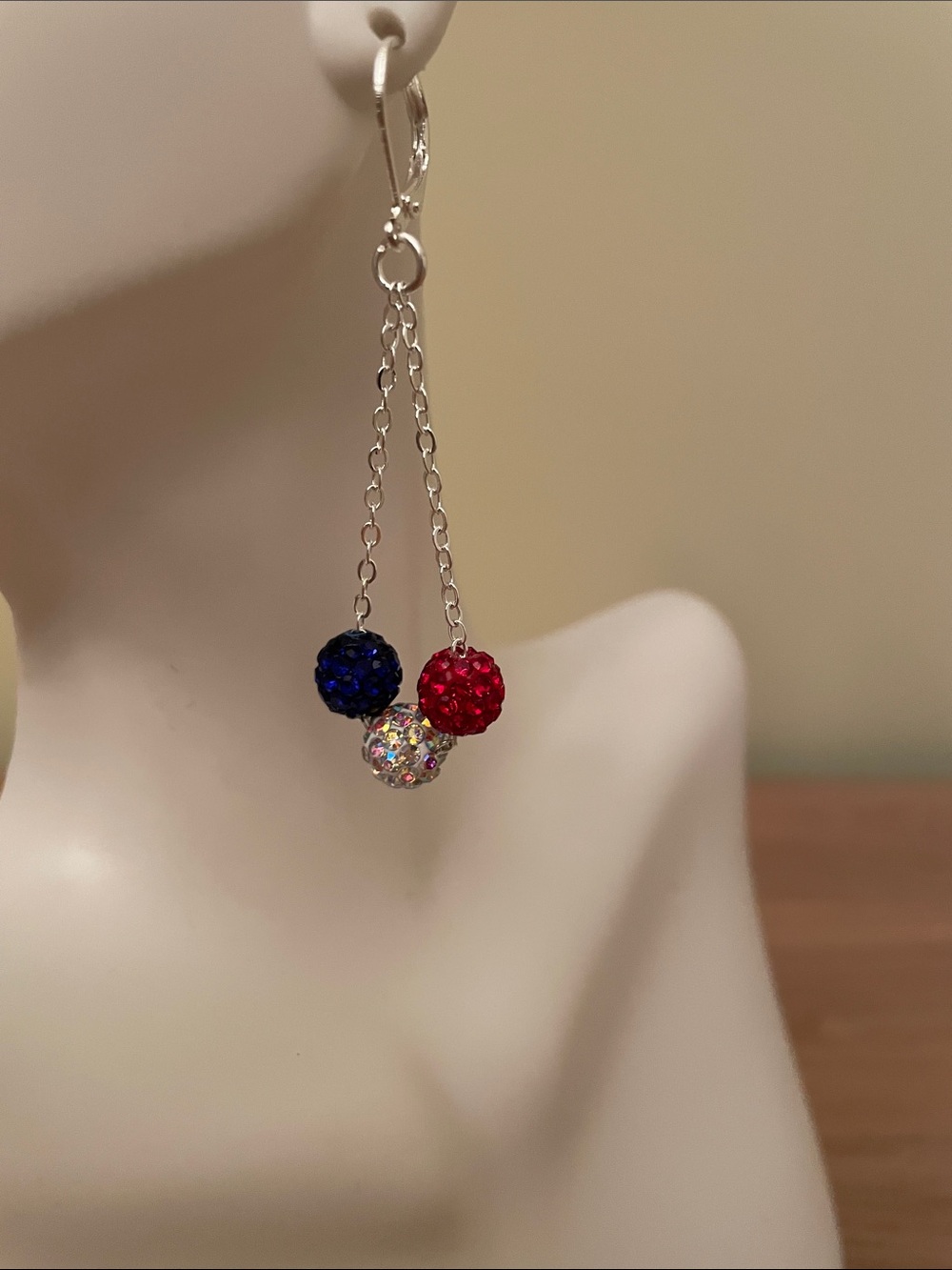 HAND CRAFTED PATRIOTIC RED WHITE & BLUE CRYSTAL DANGLE EARRINGS - 4th of July